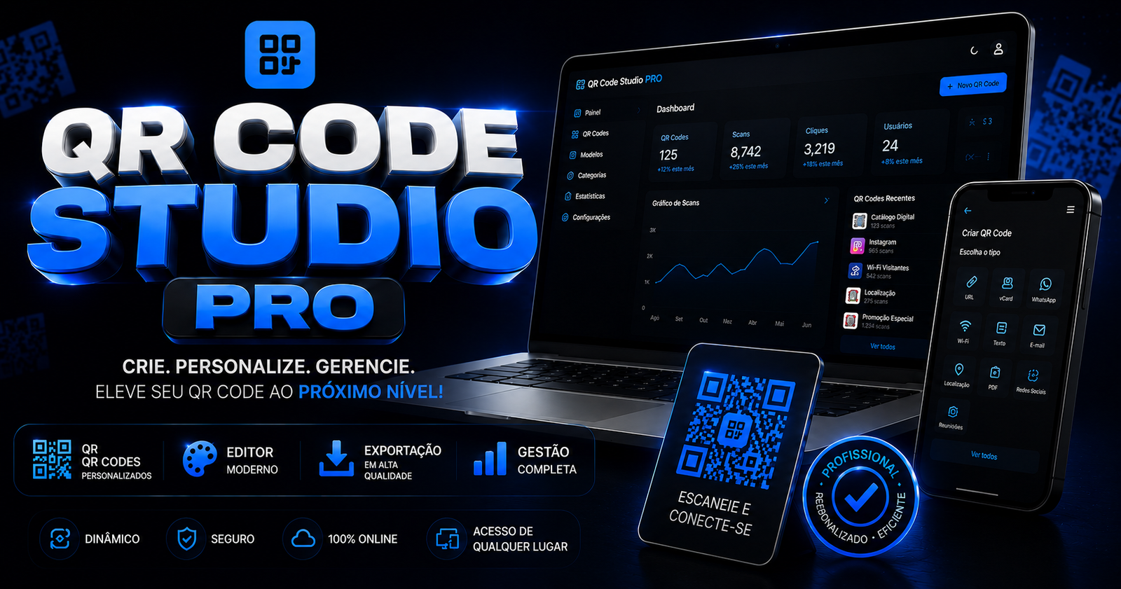 QR Stúdio PRO - Gerador profissional de QR Code personalizado com logotipo e rastreamento de cliques